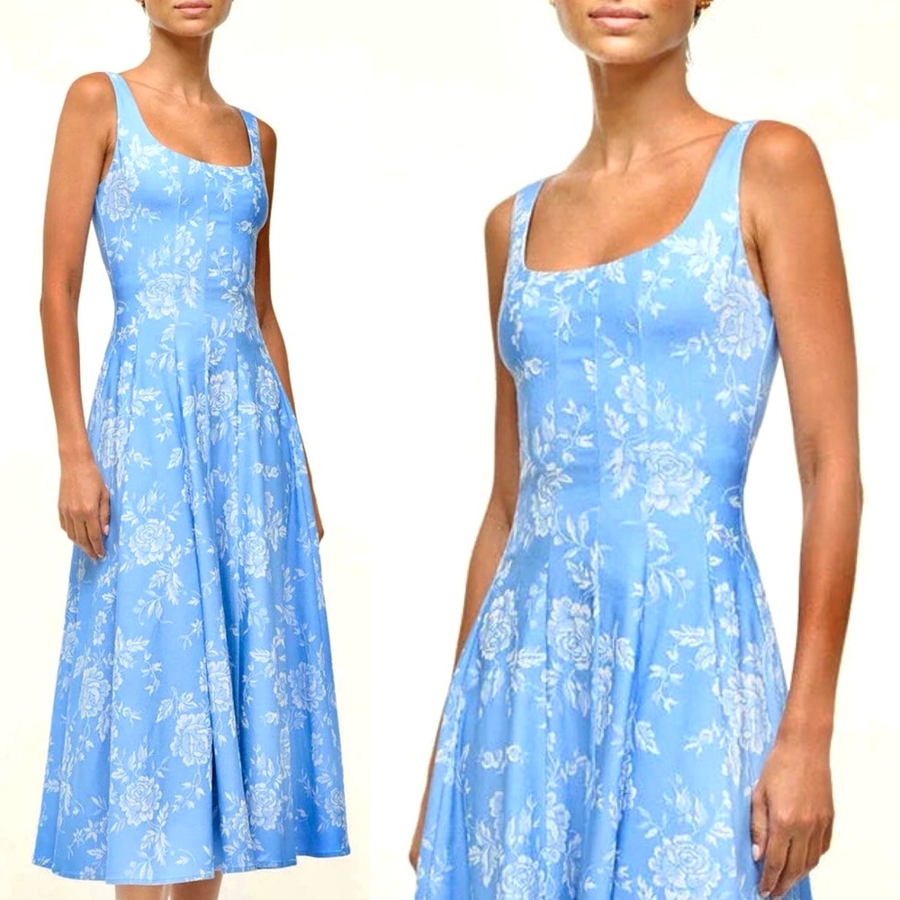 STAUD Blue Rose Floral Scoop-Neck Wells Midi Dress